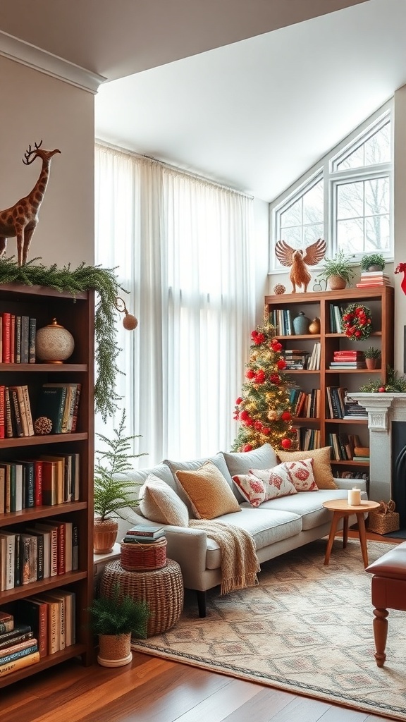 A cozy living room with a bookshelf, a decorated Christmas tree, and a comfortable couch.