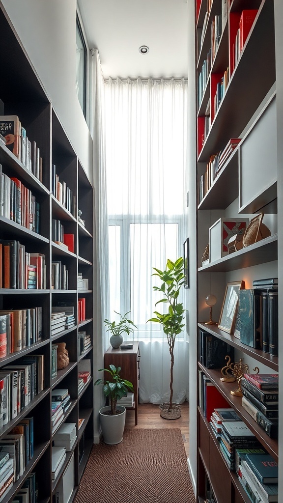 A narrow hallway with bookshelves on both sides, filled with books and decorative items, illuminated by natural light.