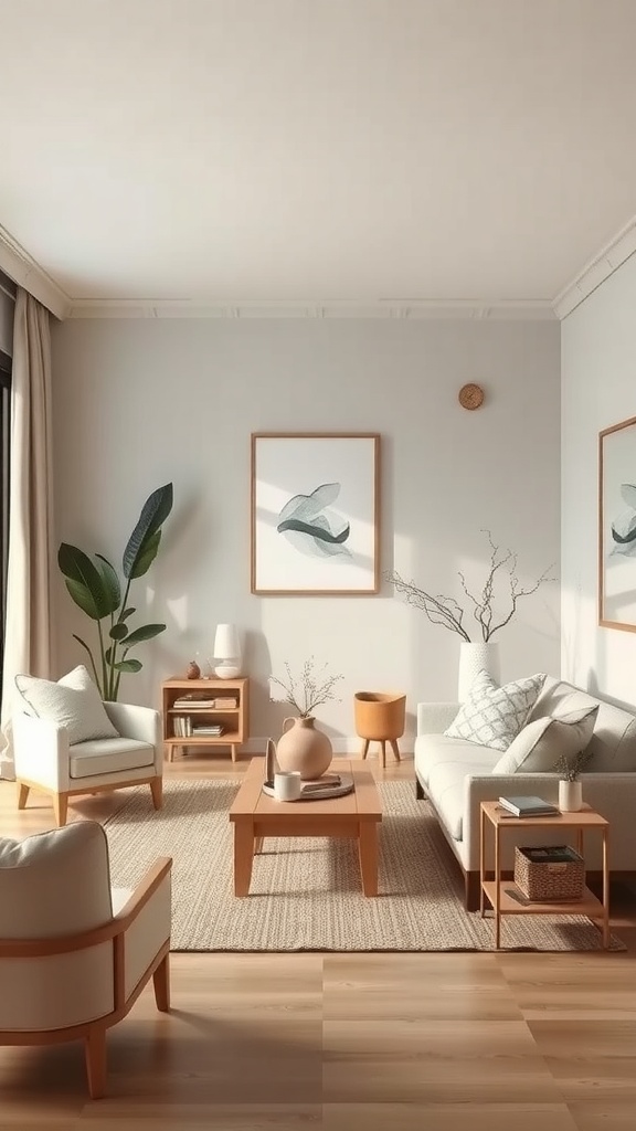 A cozy Japandi style living room featuring minimalist furniture, natural materials, and simple decor.