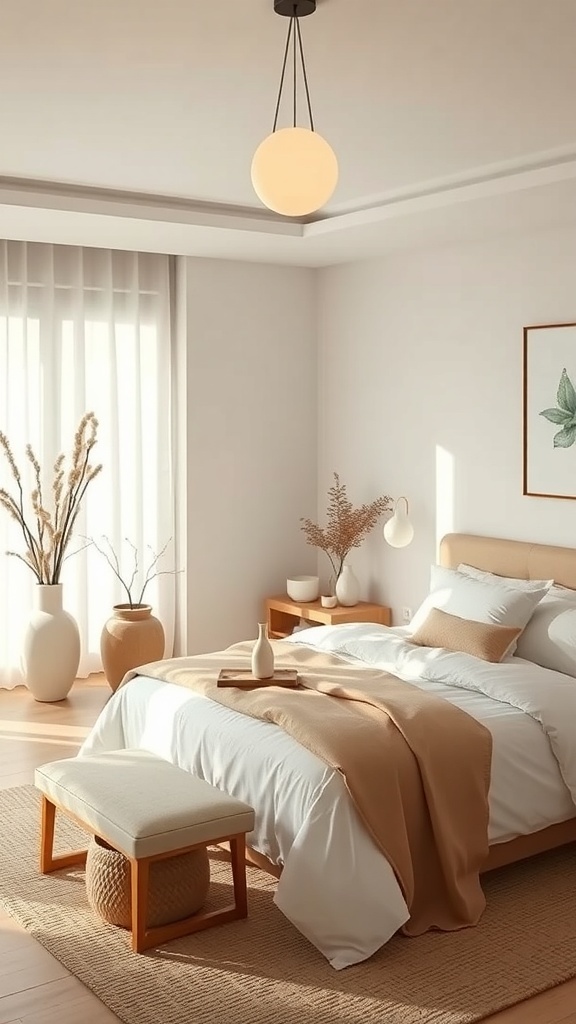 A serene Japandi-style bedroom featuring neutral colors, natural elements, and minimalist decor.
