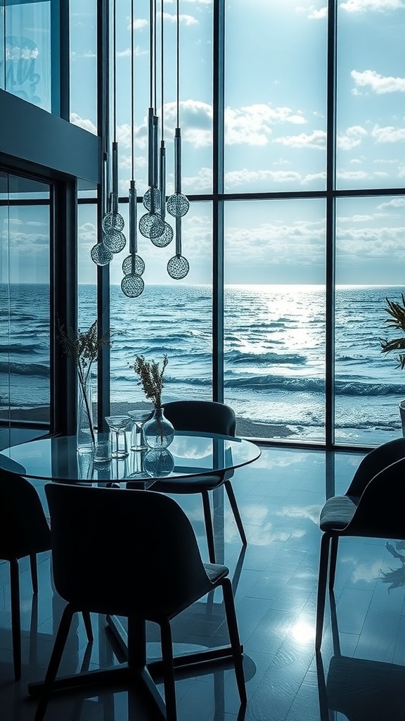 A modern dining area with large glass windows overlooking the ocean, featuring a glass table, stylish chairs, and hanging light fixtures.