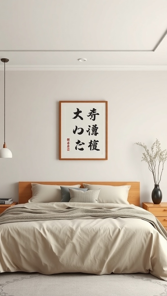 A cozy bedroom featuring a wooden bed, neutral bedding, and a framed calligraphy artwork on the wall.
