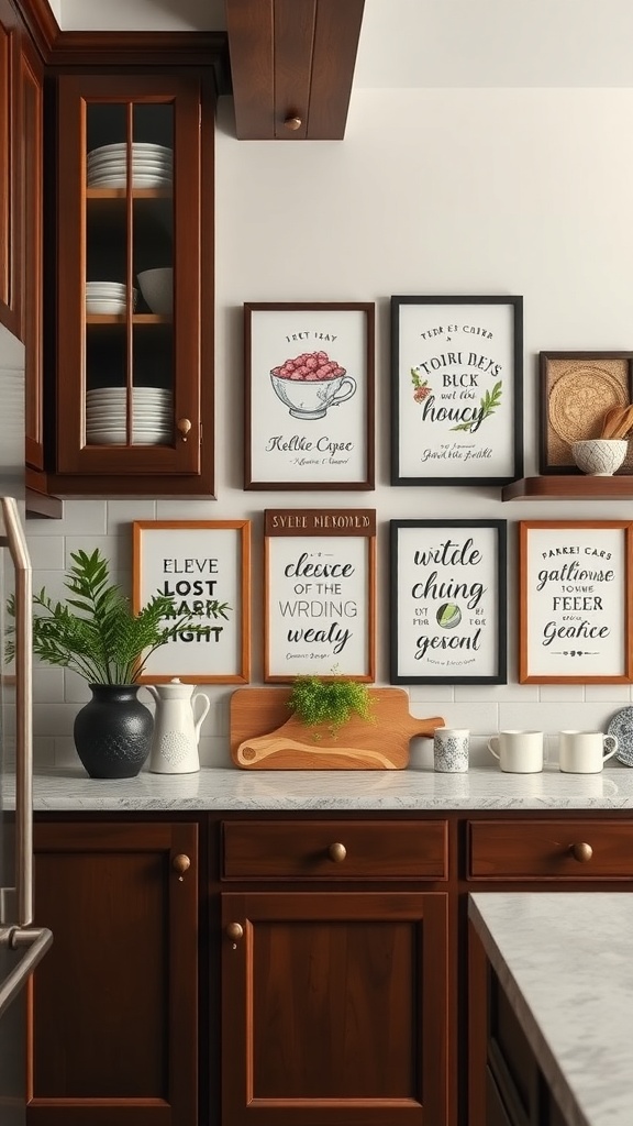 A kitchen wall featuring a variety of framed art prints, including quotes and illustrations, against dark wood cabinets.