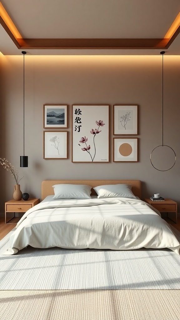 A serene Japandi bedroom featuring artful wall decor with framed prints and warm lighting.