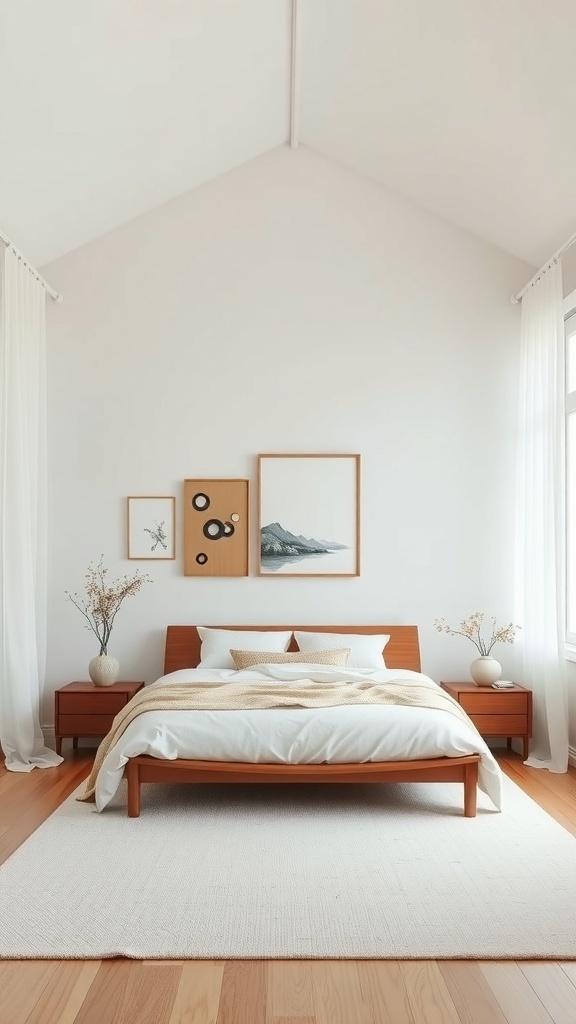 A serene Japandi bedroom featuring minimalist wall decor, natural wood furniture, and soft textiles.