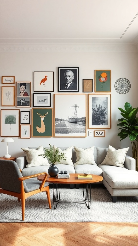 A cozy living room featuring a gallery wall with various framed artworks, a comfortable sofa, and a plant.