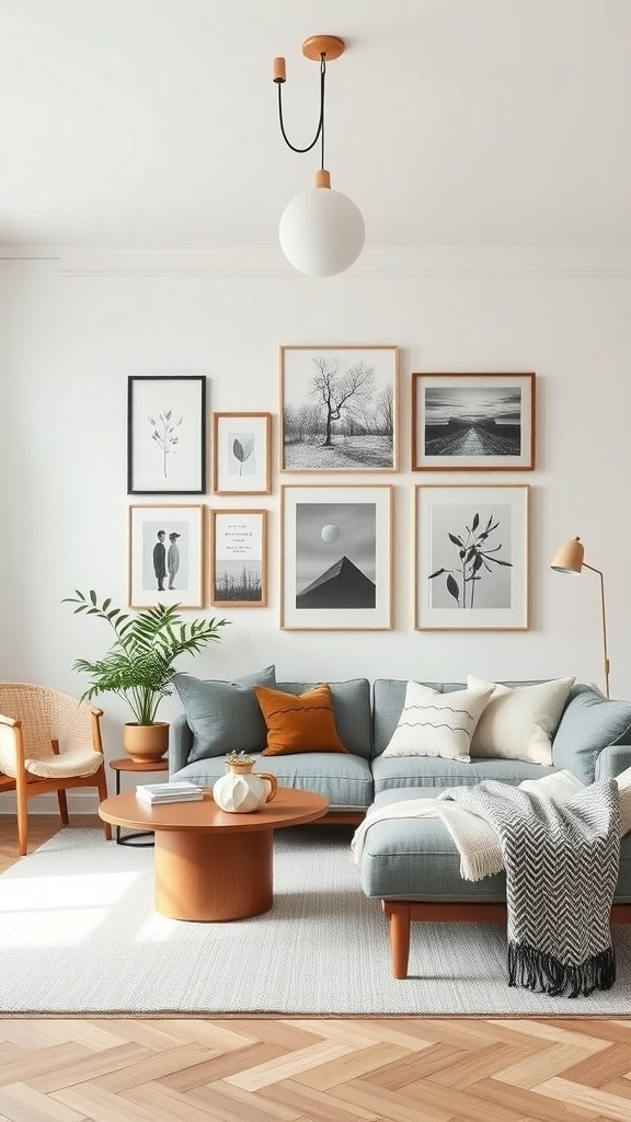 A cozy Scandinavian living room featuring a stylish wall display with framed art.