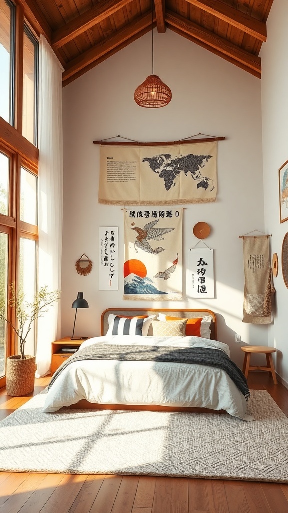 A Japandi bedroom featuring artful wall hangings, including a map tapestry and nature-themed prints, with wooden furniture and natural light.