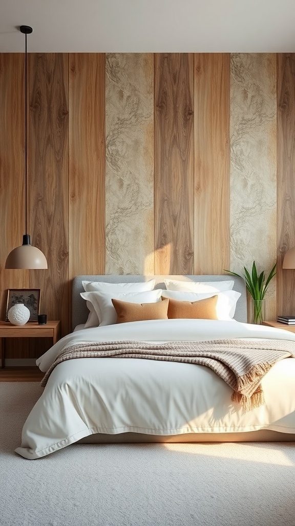 Luxurious bedroom with wooden wall treatments and soft lighting