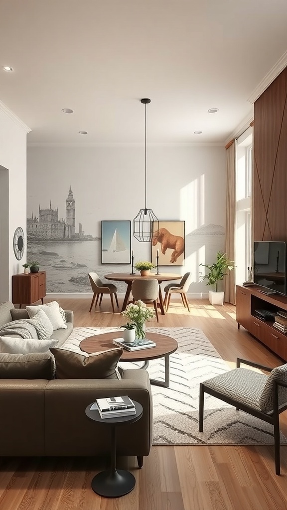 Open concept living and dining room with artful wall treatments featuring a mural and framed artwork.