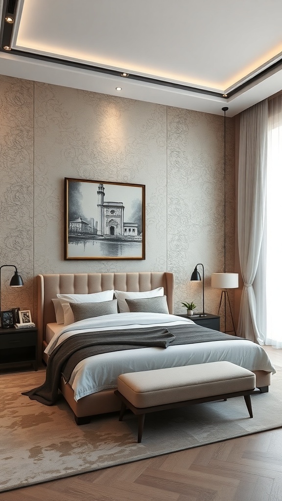 Luxurious bedroom featuring textured wall treatments and elegant decor.