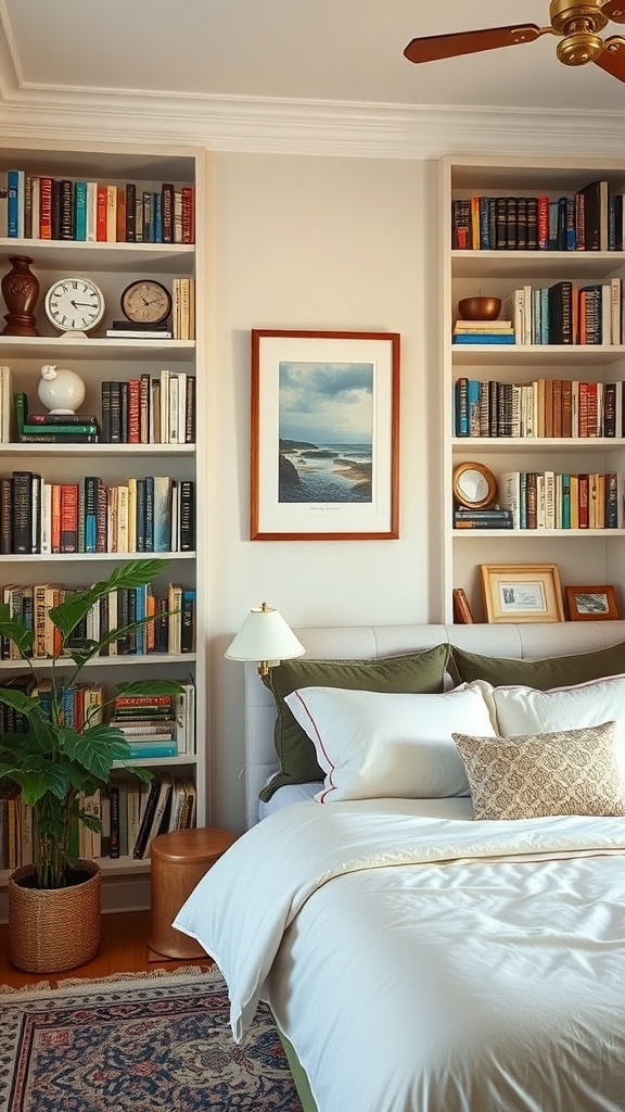 Cozy bedroom with artfully arranged bookshelves, featuring colorful books, decorative items, and a plant.