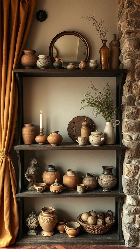 A collection of artisan-crafted pottery and ceramics displayed on a shelf, featuring various shapes and designs.