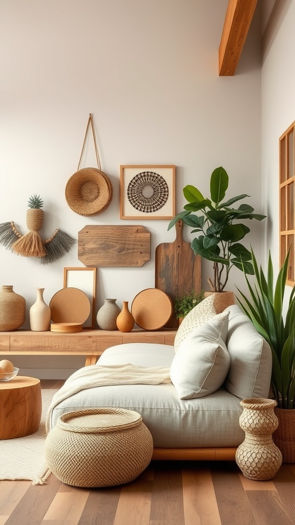 A cozy living space featuring artisan-made decor, including woven baskets, wooden accents, and plants.