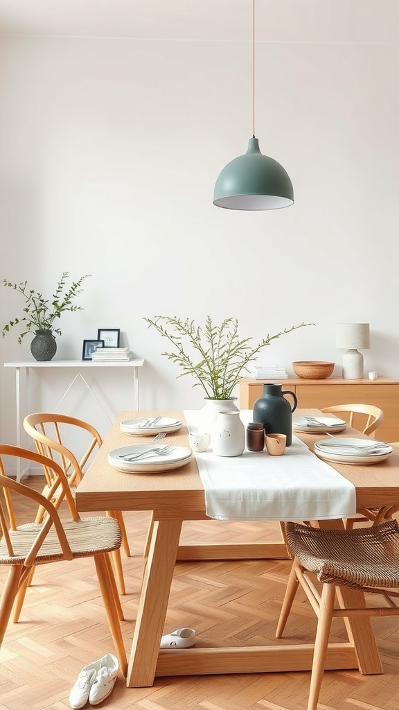 A cozy dining area featuring artisan ceramics and pottery.