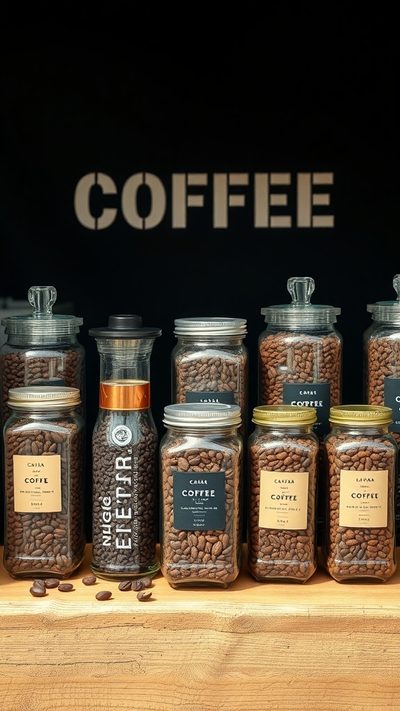 An artisan coffee bean display featuring various jars filled with coffee beans on a wooden surface, with a modern bottle in the center.
