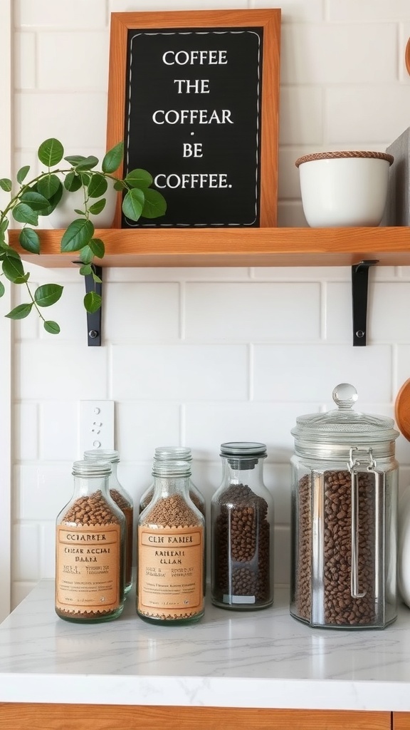 A cozy coffee bar setup featuring jars of artisan coffee beans and a playful sign.