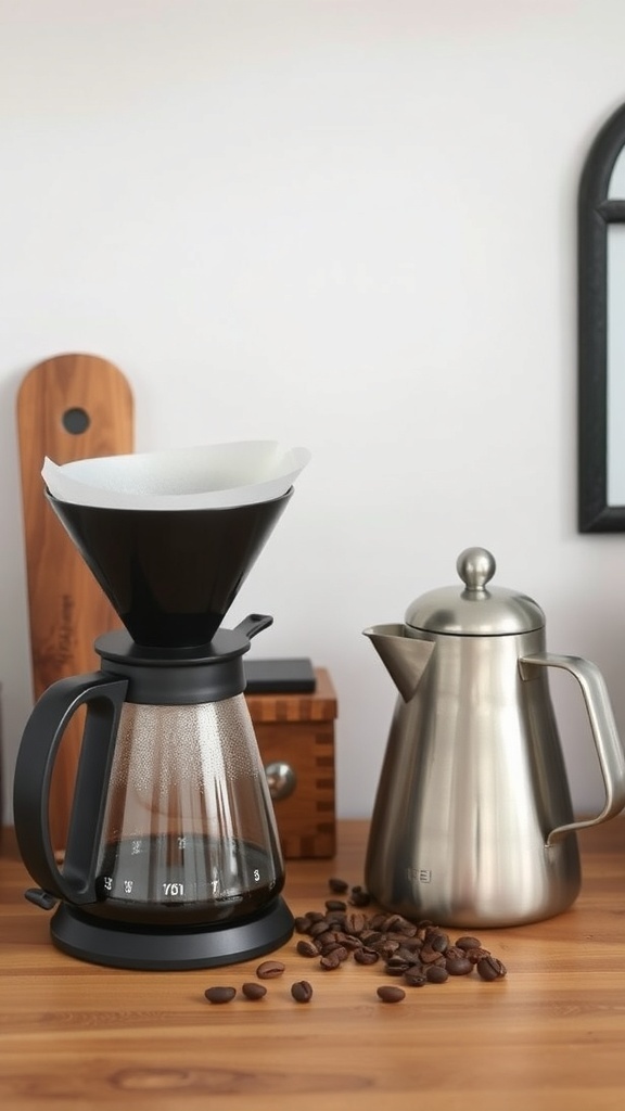 Artisan coffee brewing setup with a coffee maker, kettle, and coffee beans on a wooden surface.