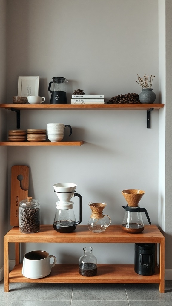 Artisan coffee brewing station with wooden shelves, coffee equipment, and decorative items.