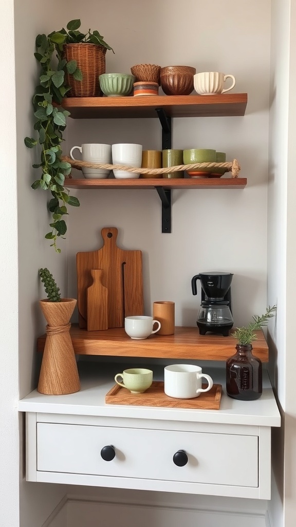 Artisan coffee nook with wooden shelves, handcrafted mugs, and a coffee maker.