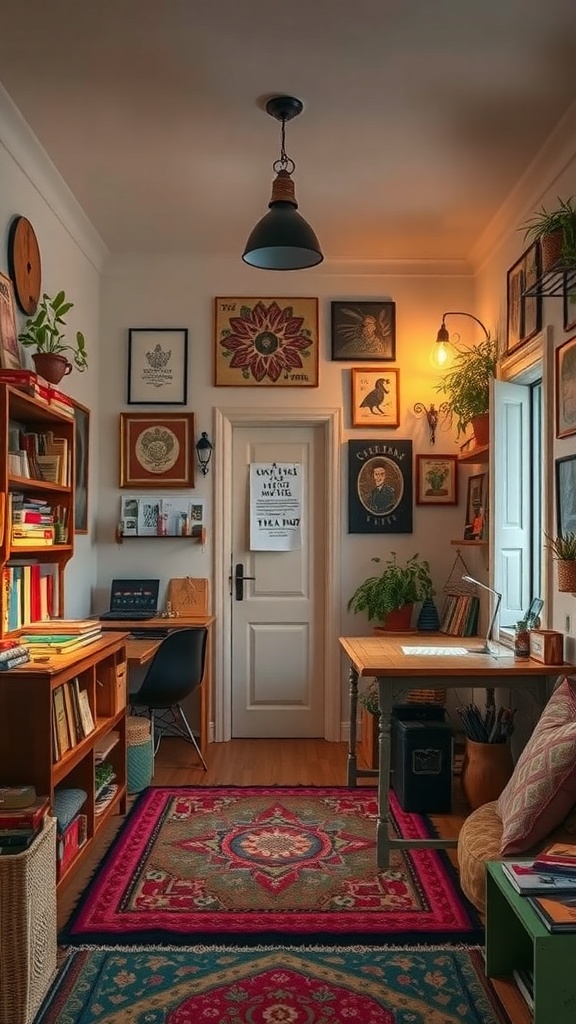A cozy artisan crafting space with framed artworks on the walls, a desk filled with crafting supplies, and plants adding a touch of nature.