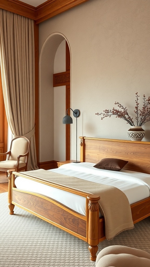 A luxurious bedroom featuring artisan craftsmanship furniture with a wooden bed, cozy blanket, and elegant decor.