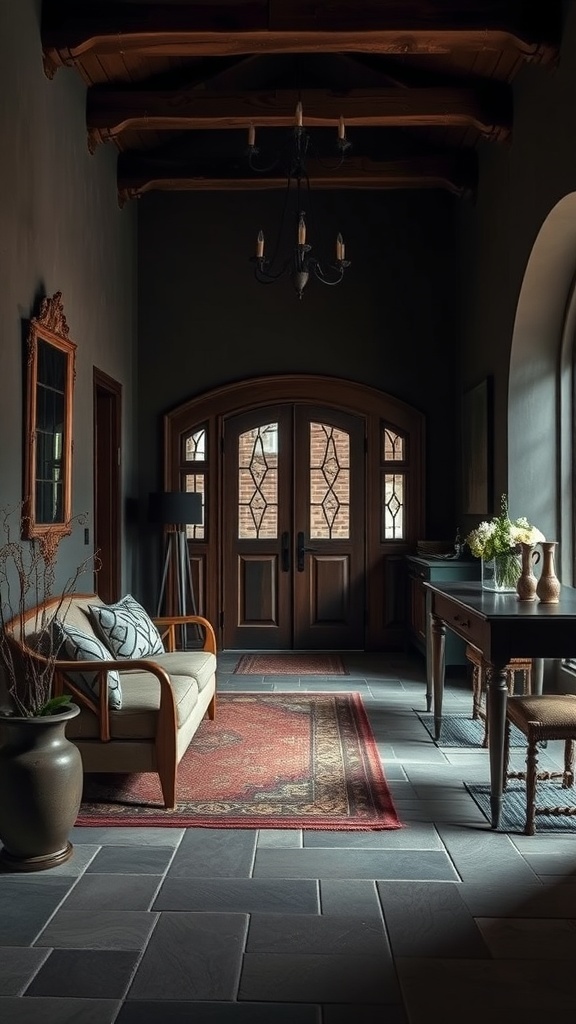 Ein moderner Gothic-Flur mit Holzdecke, eleganten Türen und stilvollen Möbeln.