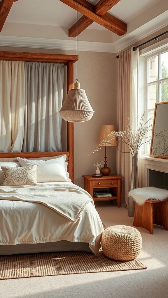 A cozy bedroom featuring artisan craftsmanship with wooden beams, a soft bed, and unique decor.