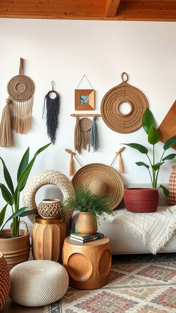 A cozy boho-inspired living space featuring woven wall hangings, wooden furniture, and decorative plants.