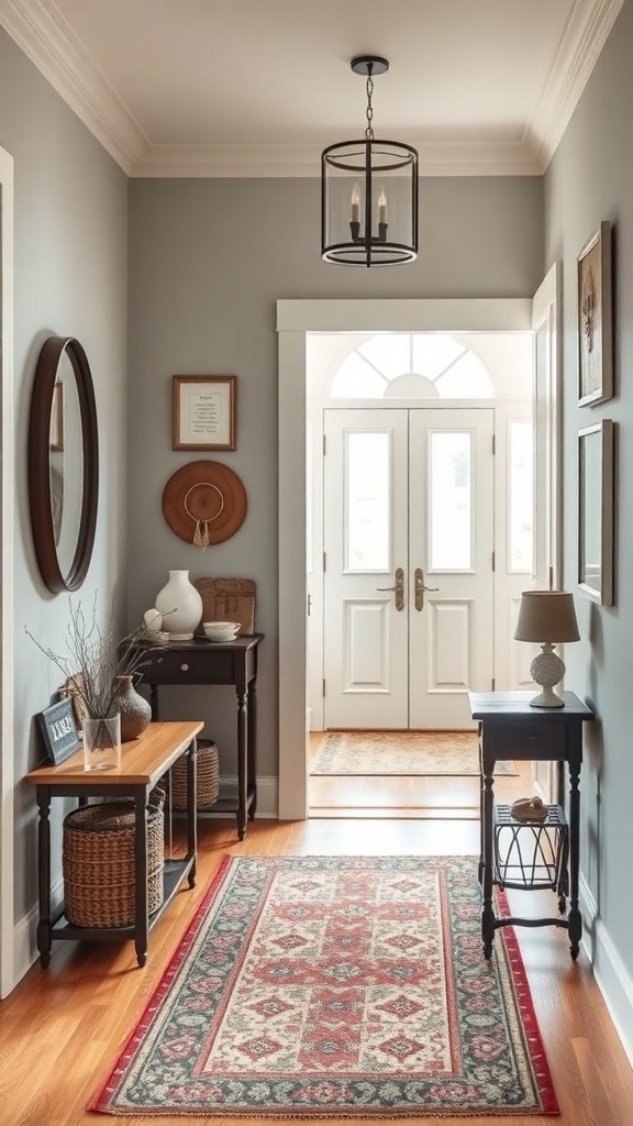 Stylish entryway with artisan craftsmanship featuring a rug, wooden furniture, and decorative wall art.