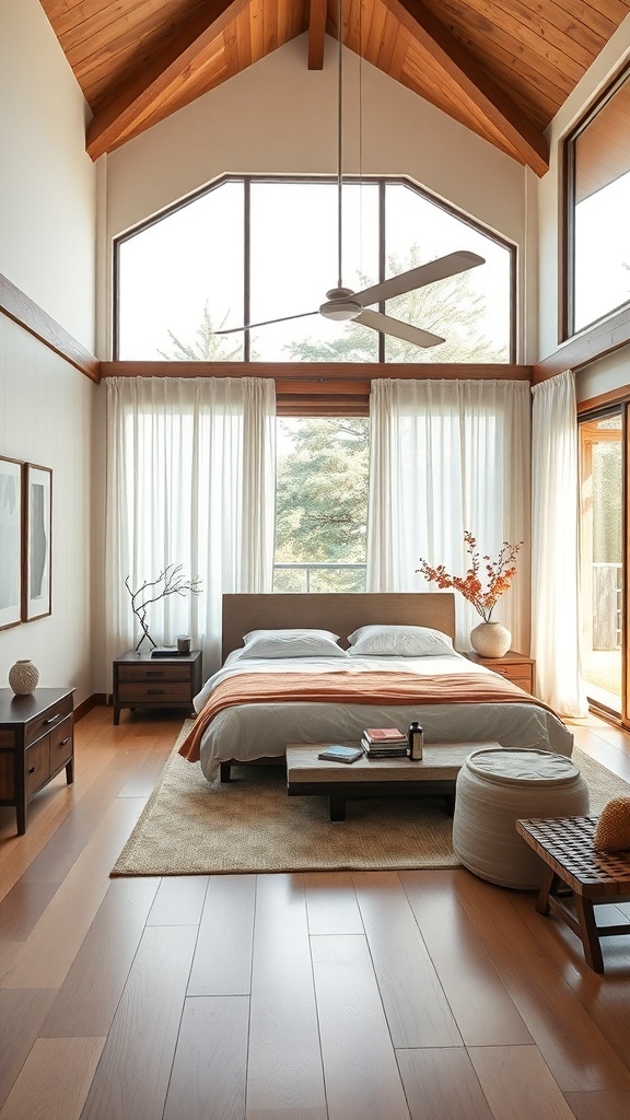 A Japandi style bedroom featuring wooden beams, large windows, and minimalist furniture.