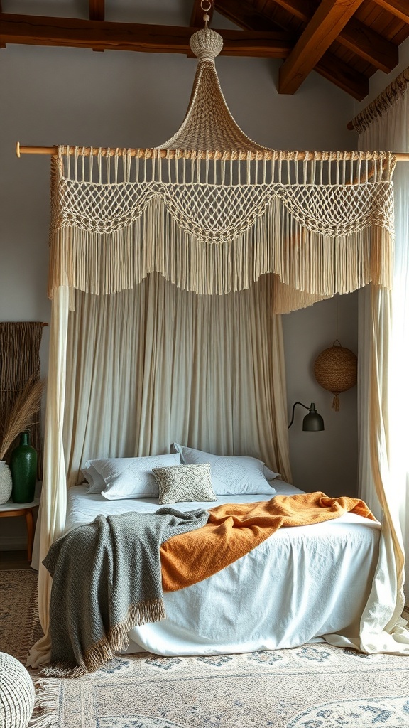 Artisan handcrafted canopy over a bed with macramé design and cozy bedding