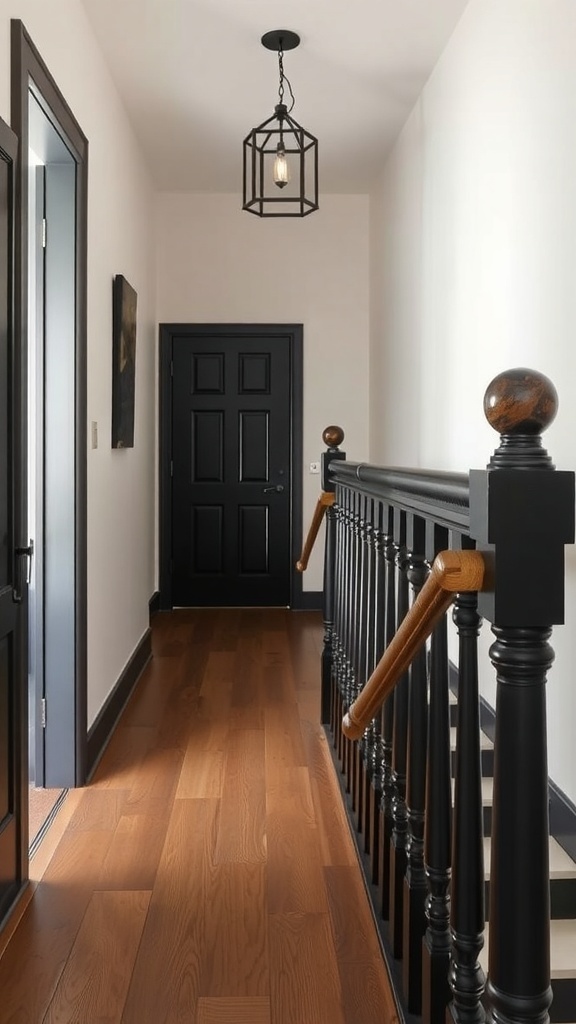 A modern hallway featuring a black bannister, light wooden floor, and white walls.