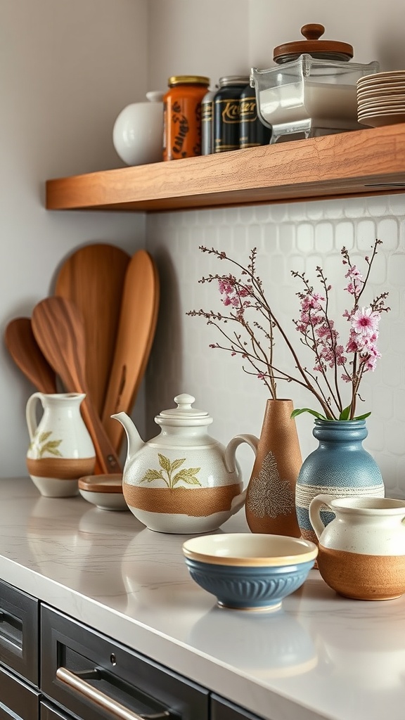 A stylish kitchen countertop featuring artisan pottery, including a teapot, vases, and bowls, arranged with wooden utensils and decorative items.