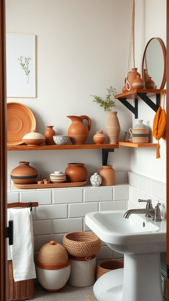 A cozy bathroom featuring artisan pottery and woven accessories on shelves.