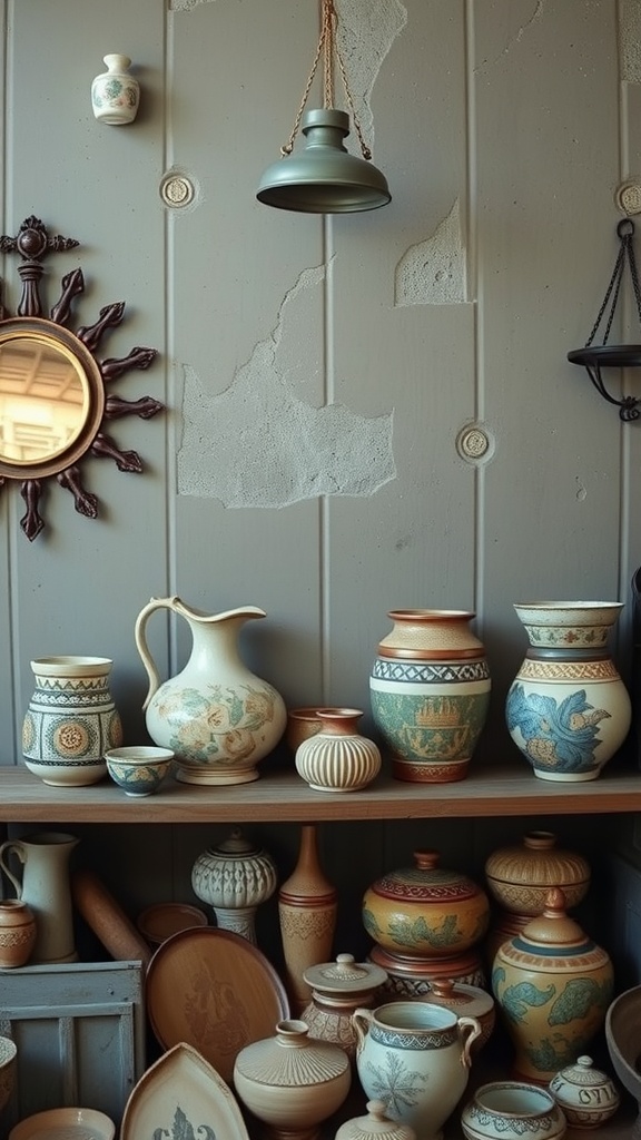A collection of artisan pottery displayed on a wooden shelf, featuring various shapes and designs.