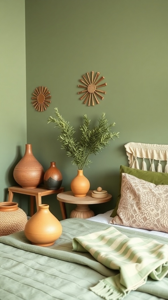 A boho-style bedroom featuring artisan pottery in earthy tones against sage green walls.
