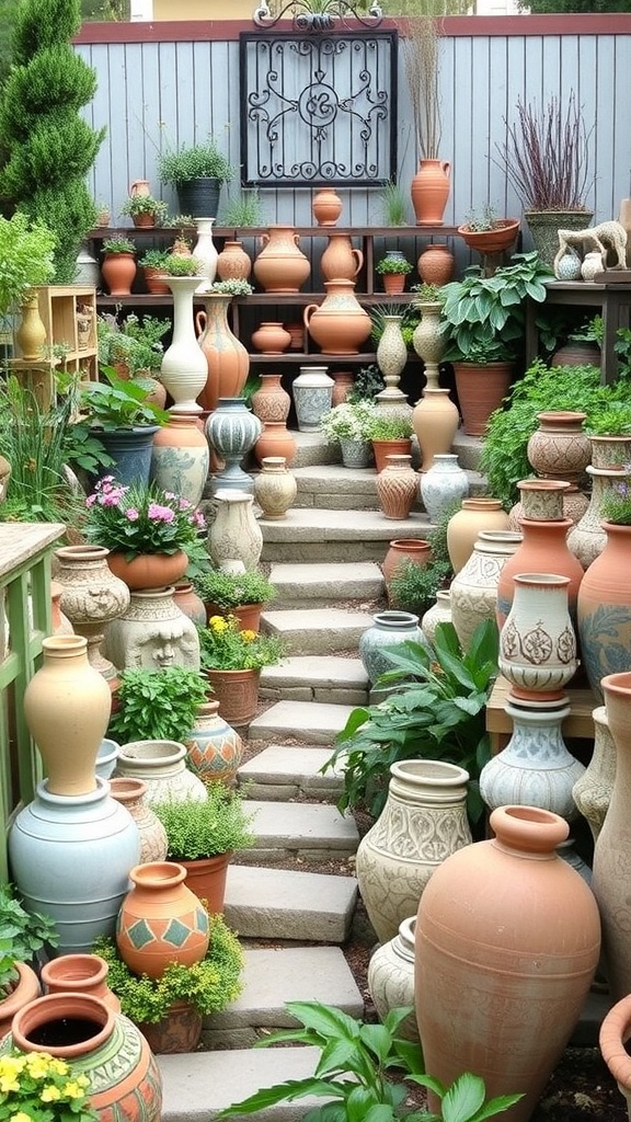 A variety of artisan pottery displayed in a garden setting, showcasing unique designs and colors.