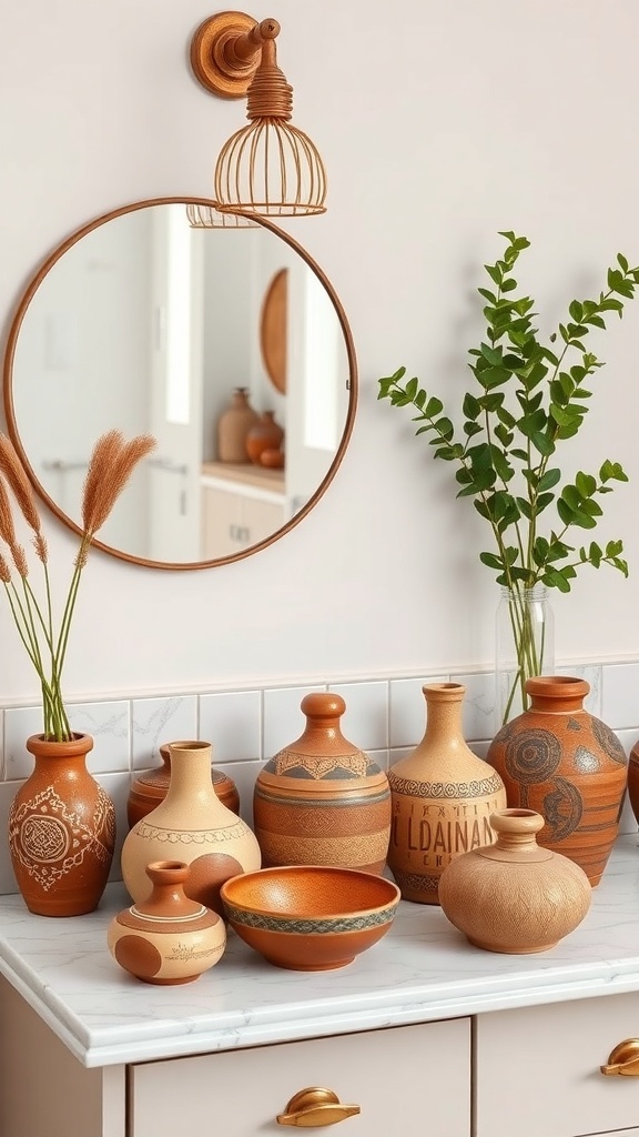 A collection of artisan pottery displayed on a countertop, featuring various shapes and sizes, with a round mirror and greenery in the background.