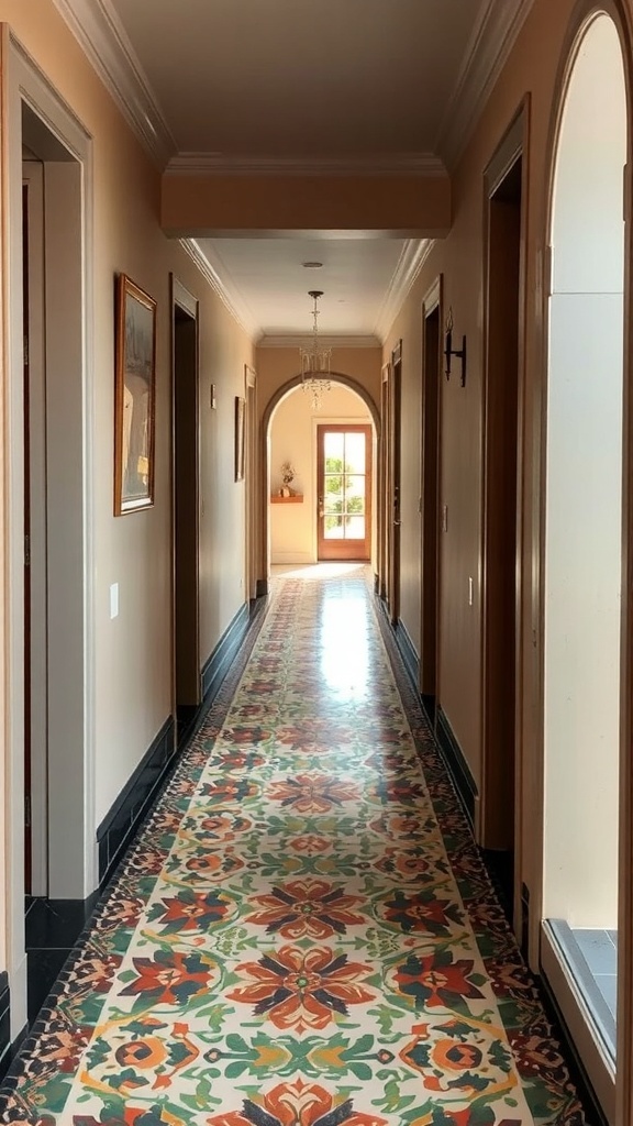 A hallway featuring colorful artisan tile flooring with intricate patterns.