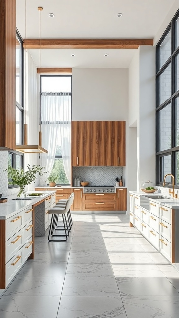 A modern kitchen featuring wood cabinetry, marble countertops, and large windows.