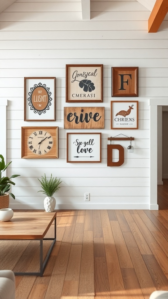 Gallery wall featuring various framed art pieces in a cozy farmhouse setting