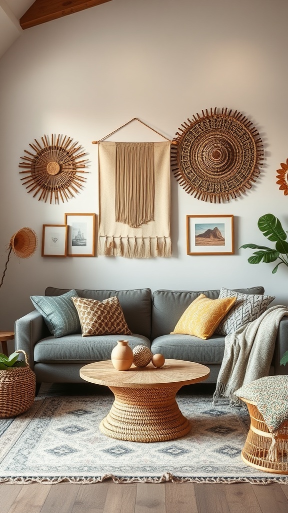 Cozy living room featuring artisan wall art and boho decor.
