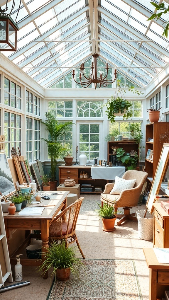 Artisan workshop filled with natural light, featuring a cozy chair, wooden desk, and plants.