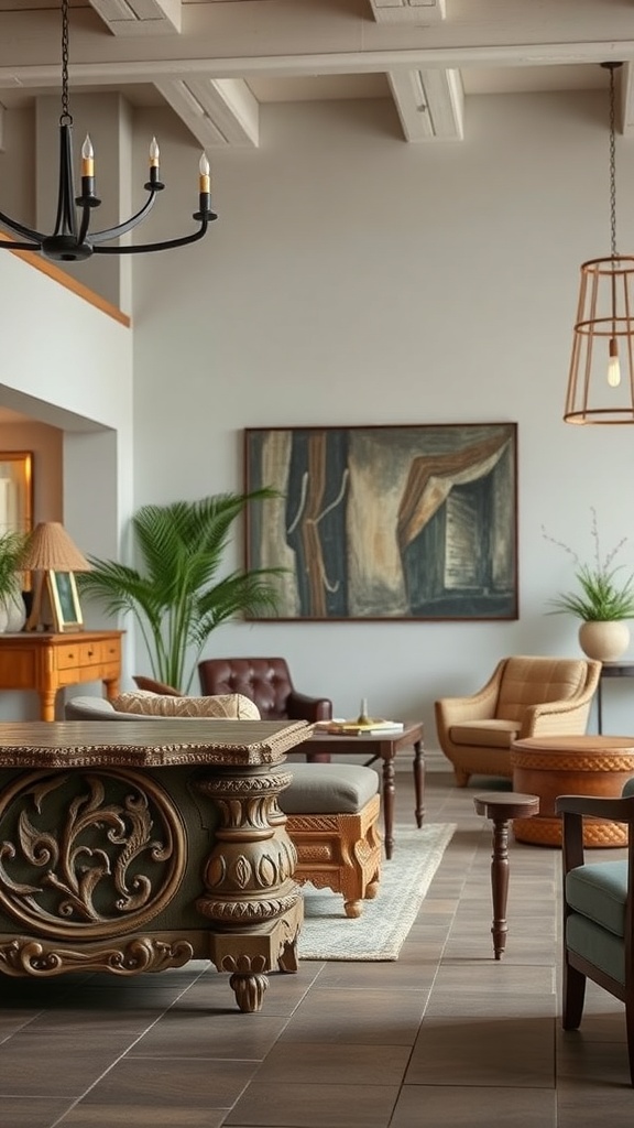 A stylish living room featuring artisanal furniture, including a detailed coffee table and comfortable seating.