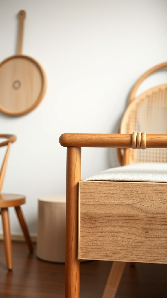 A close-up of a wooden chair and decorative wall items in a Scandinavian interior.