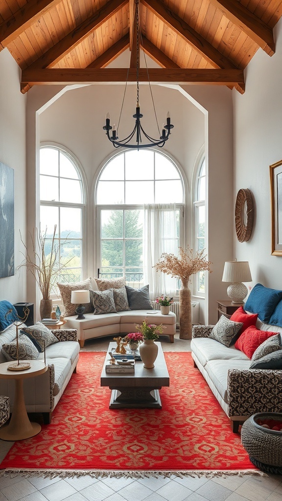 A cozy living room featuring artisanal handcrafted pieces, with a cherry red rug, textured cushions, and a high wooden ceiling.