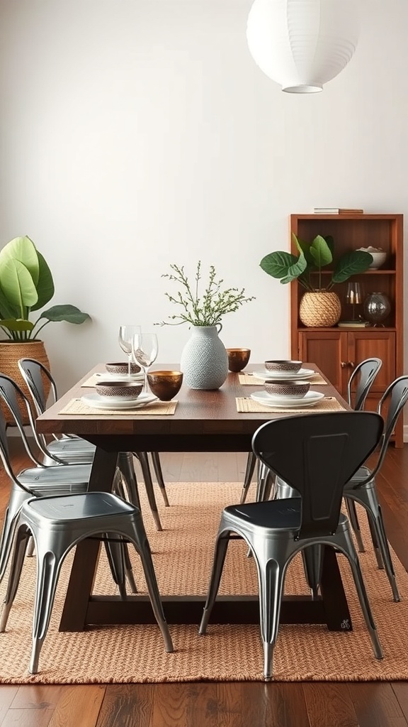 A dining room featuring artisanal pottery and industrial elements, with a wooden table, metal chairs, and plants.