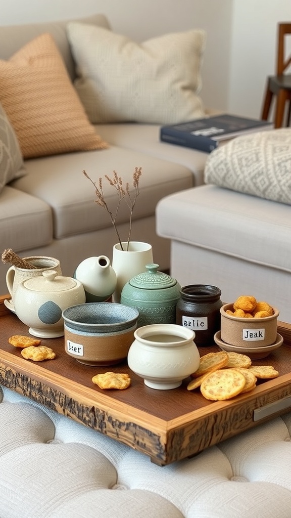 A coffee table arrangement featuring handmade pottery, snacks, and a wooden tray.
