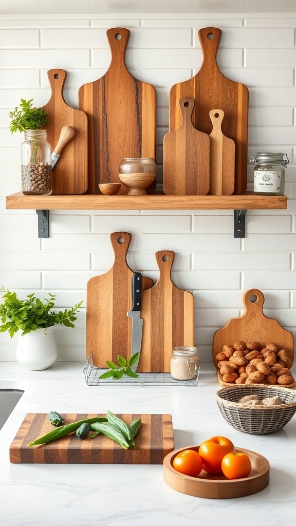 A collection of artisanal wooden cutting boards displayed on a kitchen shelf, featuring various shapes and sizes.